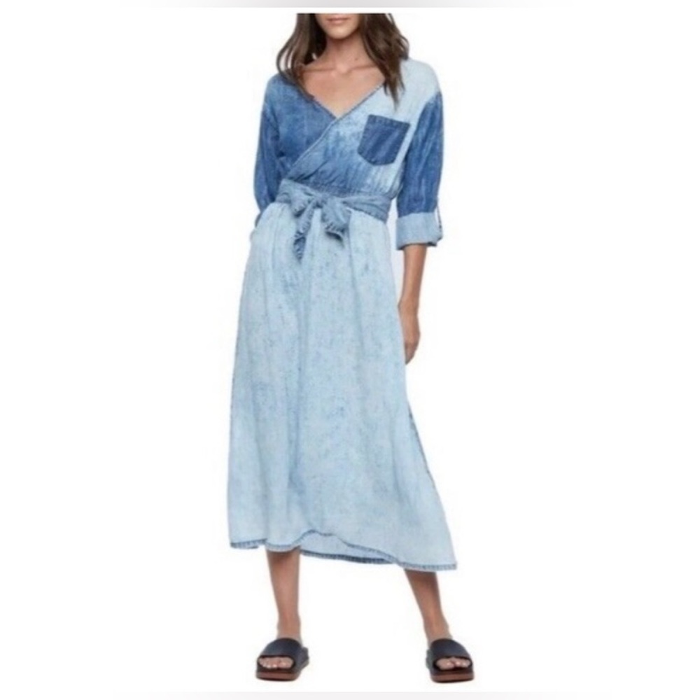 Wash Lab Crossover Faux Wrap Denim Midi Dress